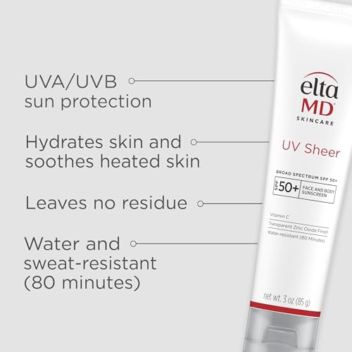 EltaMD UV Sheer Face and Body Sunscreen SPF 50+, Oil Free, No White Cast Sunscreen for Face and Body, Zinc Oxide Formula, 3.0 oz Tube