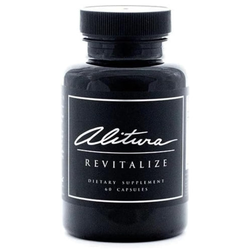 Black dietary supplement bottle labeled 'Alitiva Revitalize' on a white background