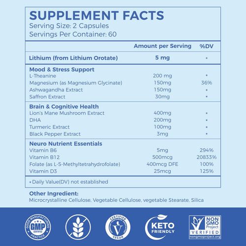 AiVital™ Lithium Orotate 5mg, 13-in-1 Lithium Supplement with Magnesium Glycinate, L-theanine & DHA for Daily Balance, Focus & Clarity, Low-Dose Formula, Non-GMO, Gluten Free, Vegan, 120 Capsules