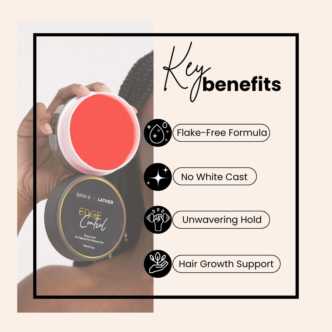 BASK & LATHER Strong Hold Edge Control Gel with Castor Oil, Non-Greasy, Non-Flaking, No White Cast, Long Lasting, Supports Hair Growth,