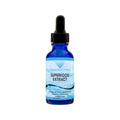 Blue bottle of superfood extract with a dropper on a white background
