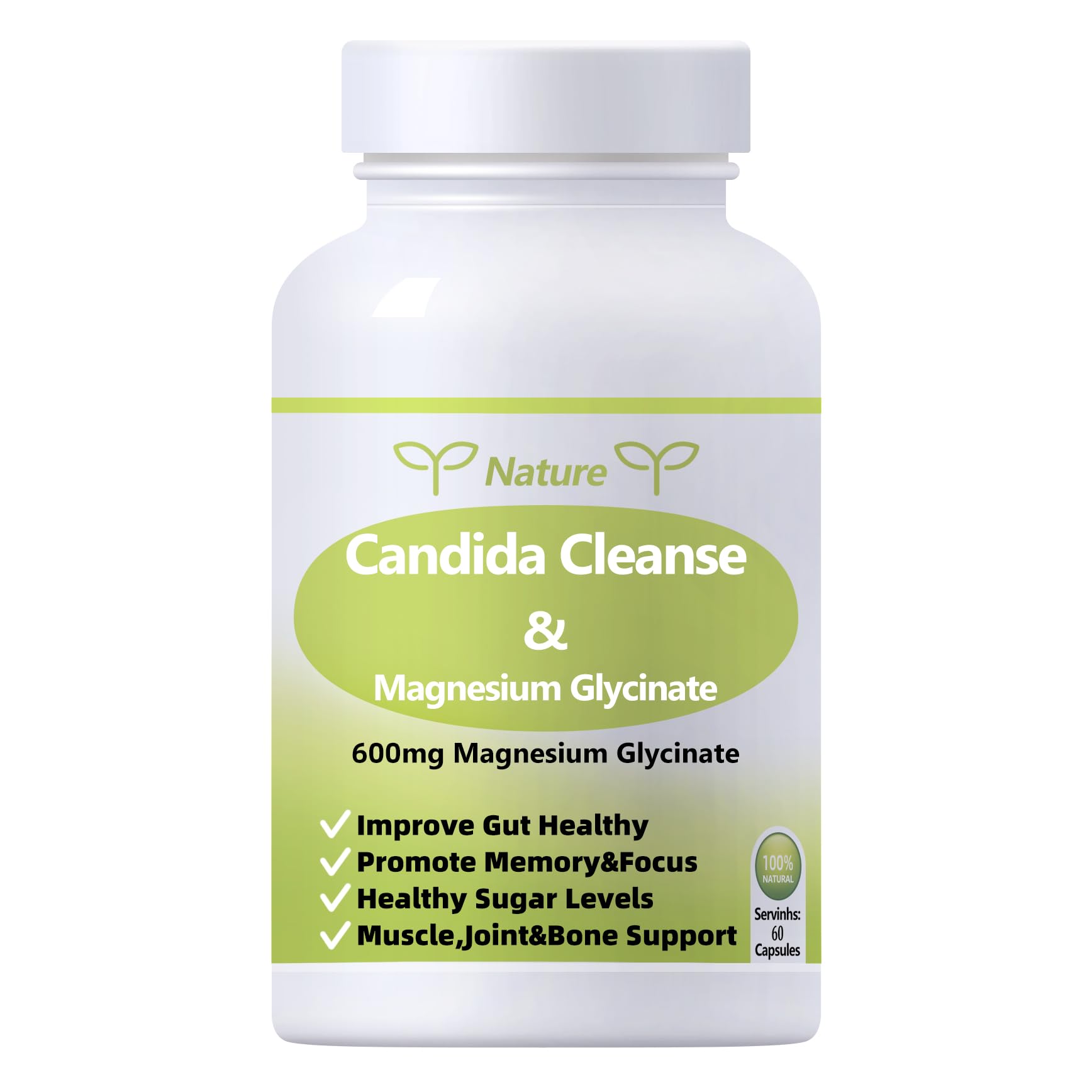 YNATUREY Candida Cleanse - Gut & Colon Support,Magnesium Glycinate 600mg,Women and Men Supplement with Magnesium Malate, Vitamin D, B6