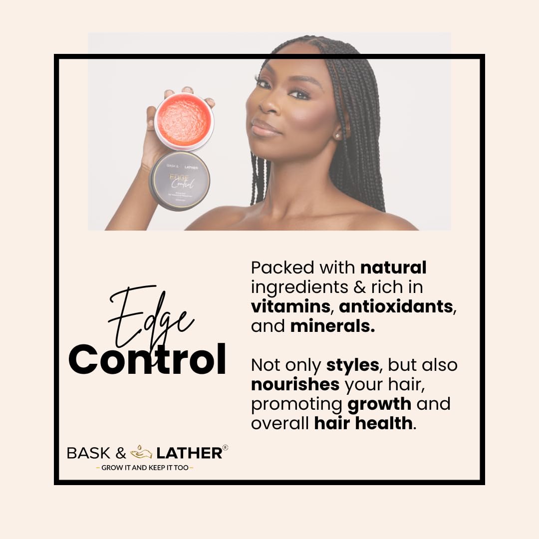 BASK & LATHER Strong Hold Edge Control Gel with Castor Oil, Non-Greasy, Non-Flaking, No White Cast, Long Lasting, Supports Hair Growth,