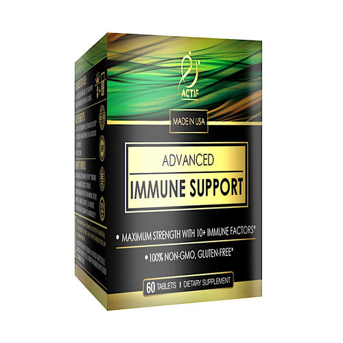 Box of Advanced Immune Support dietary supplement with green and gold design.
