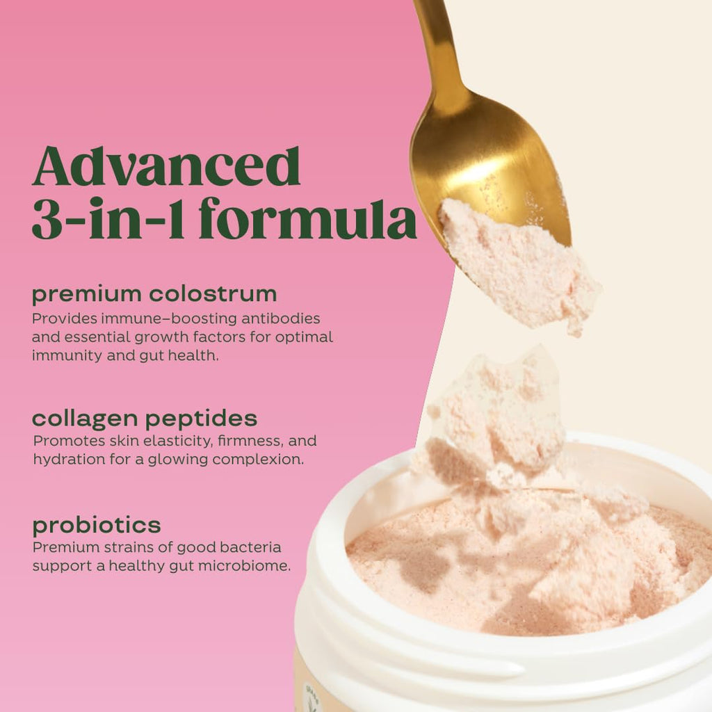 Bloom Nutrition Bovine Colostrum Powder with Vitamin B-12 for Gut Health, Immune Support, Hair Growth & Beauty Supplement | Strawberry, 25 Servings