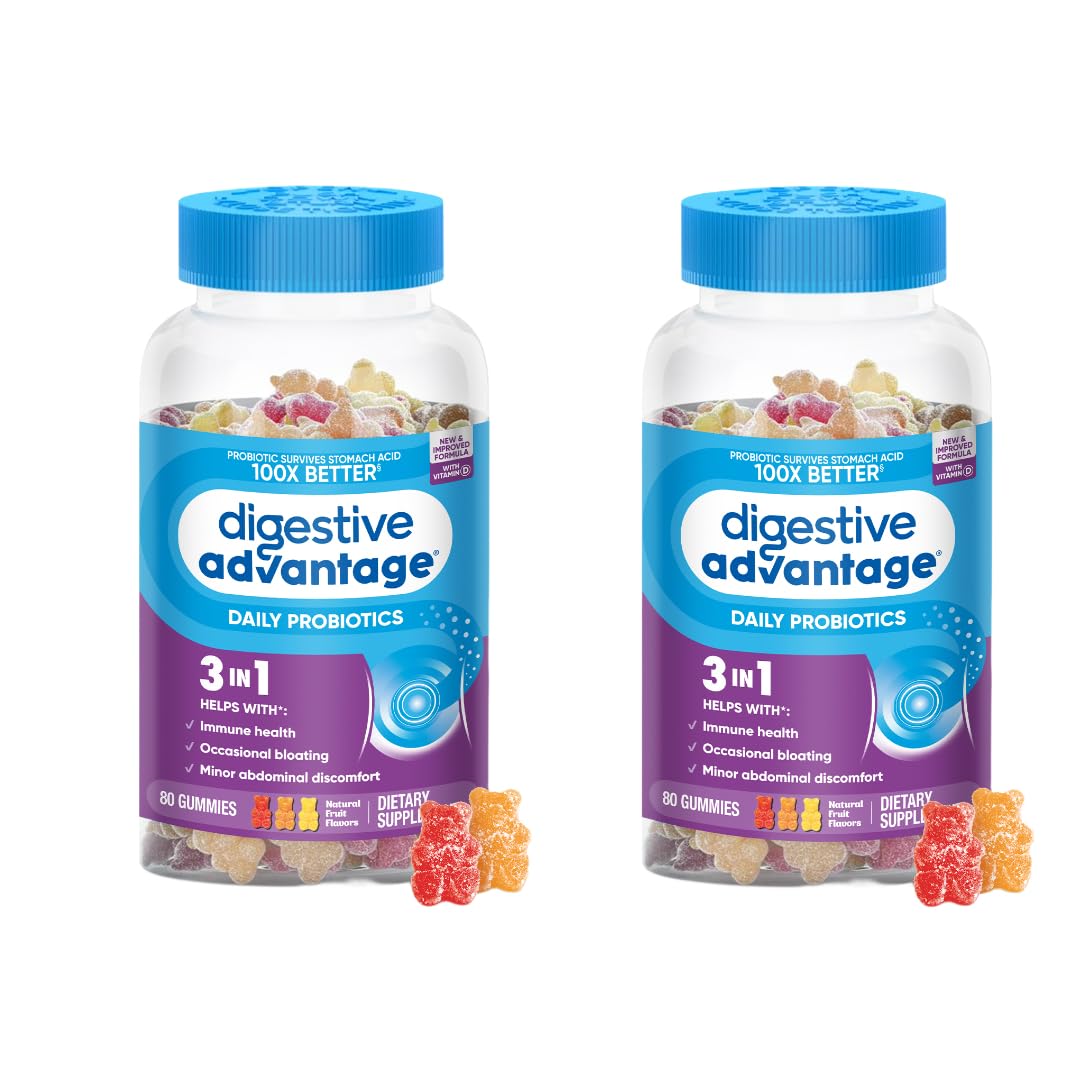 Digestive Advantage Probiotic Gummies For Digestive Health, Natural Fruit Flavors Vitamin D, Daily Probiotics For Women &Men Occasional Bloating, Minor Abdominal Discomfort & Gut Health, 80ct (2 Pack)