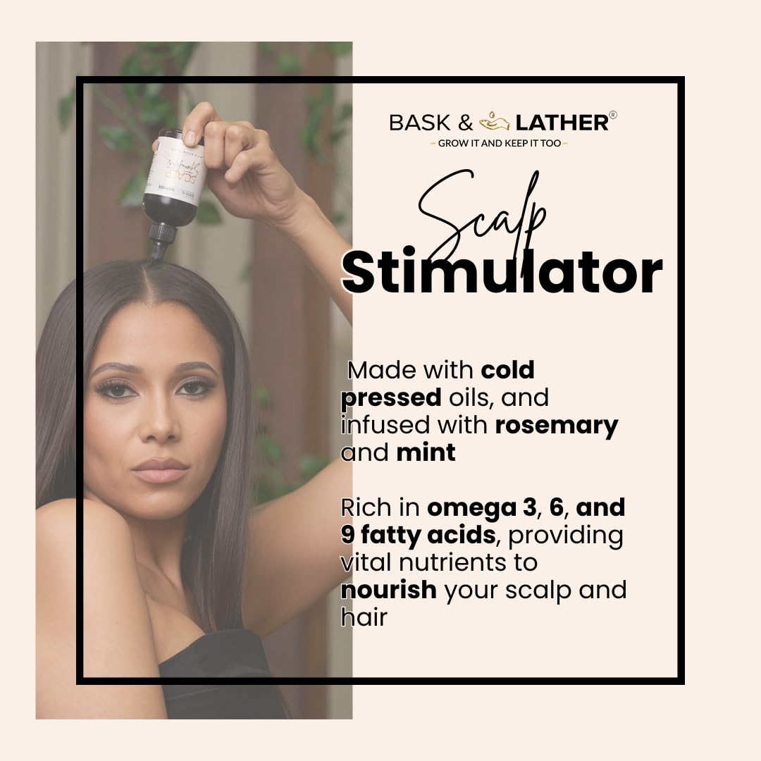 Bask & Lather Scalp Stimulator Hair Growth Oil, Cold Pressed Mint and Rosemary Blend with Grapeseed for Hair Growth