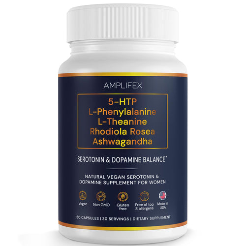 5-HTP Serotonin & Dopamine Support Complex with L-Theanine, L-Phenylalanine, Ashwagandha, Rhodiola B-Vitamins & Adaptogenic Herbal Blend – Mood & Stress Support for Women – Natural Vegan Non GMO AMPLIFEXBuy Supplements Australia