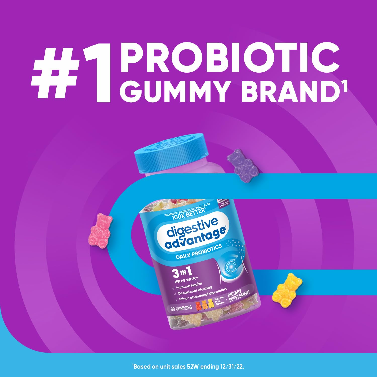 Digestive Advantage Daily Probiotic Gummies for Digestive Health, Gut Health & Immune Support, Probiotics for Men and Women (80ct) - Delicious Natural Fruit Flavor* (Pack of 3)