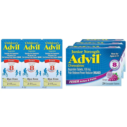 Advil Children's Pain Reliever and Fever Reducer, Dye Free Liquid Ibuprofen for Children (Pack of 3) and Advil Junior Strength Chewable Ibuprofen Pain Reliever and Fever Reducer, Grape Flavored Tablets for Children (Pack of 3) AdvilBuy Supplements Australia