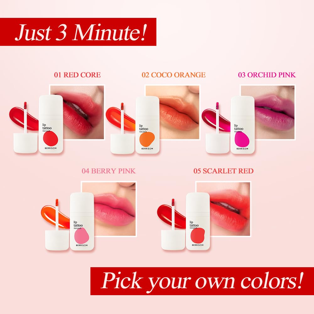 Berrisom Lip Tattoo Tint Pack 6g – Waterproof, Peel‑Off Lip Stain, Smudge‑Resistant & 32H Long‑Lasting Color, Hydrating Low‑Irritation Formula, 5 Color (Red Core) BerrisomBuy Supplements Australia