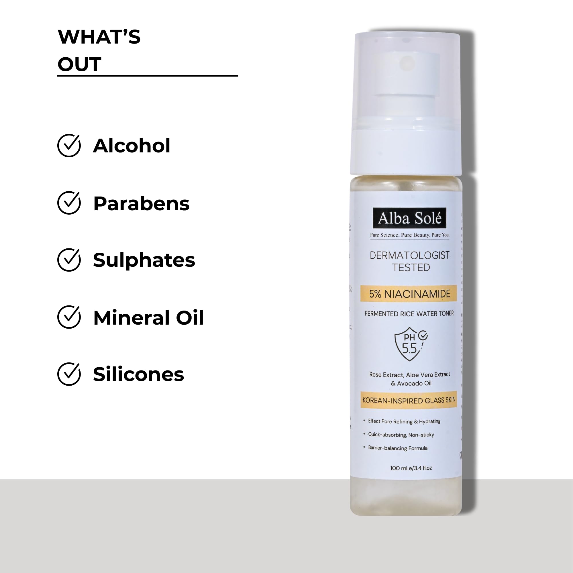 Alba Solé 5% Niacinamide Face Toner with Fermented Rice Water | pH 5.5 Balancing Toner | Hydrates, Refines Pores & Brightens for Glass Skin