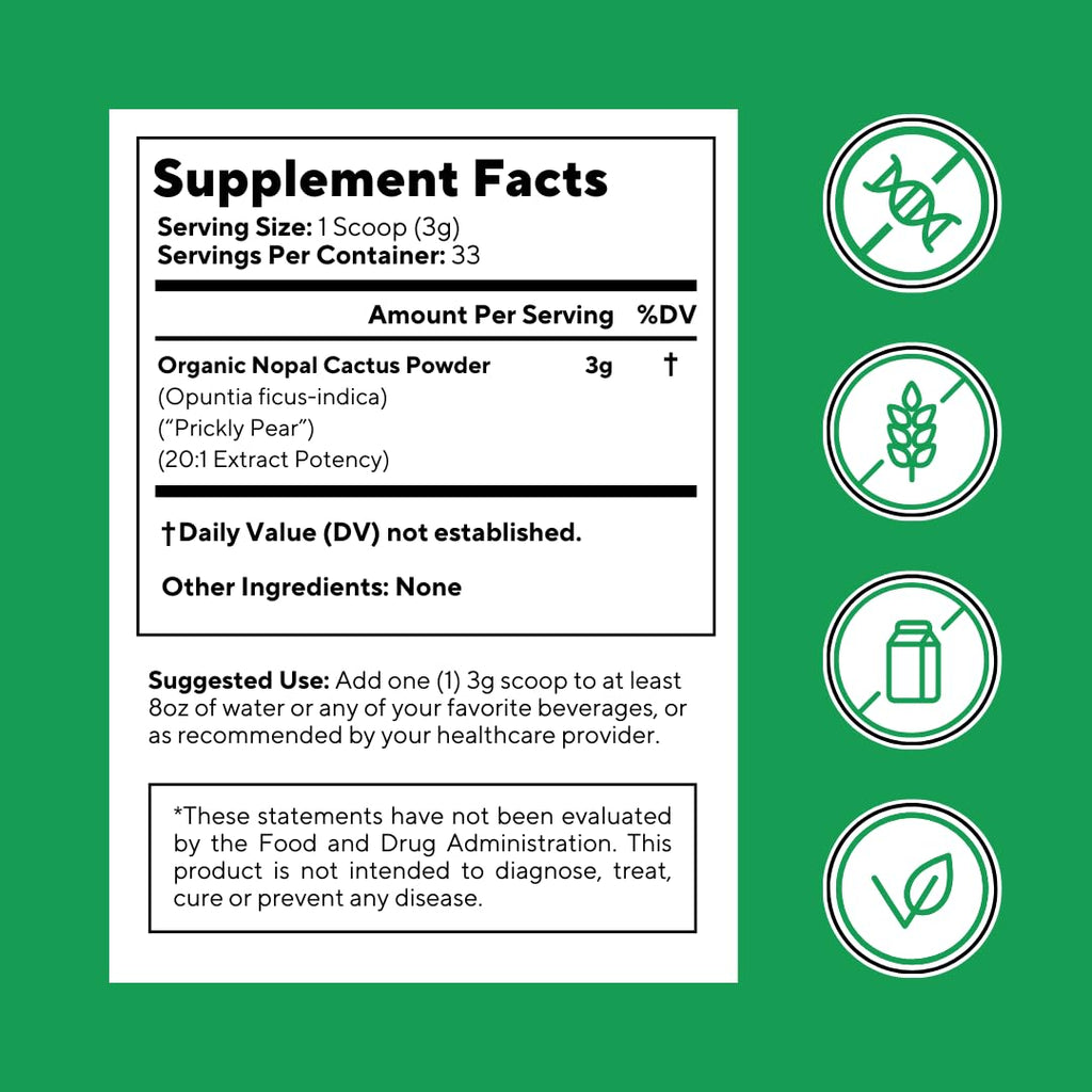 Vitapia Nopal Cactus Extract for Antioxidant, Skin, Metabolism, Wellness, Heart Health Support - 100g Organic Powder - Non GMO, Gluten Free Supplement