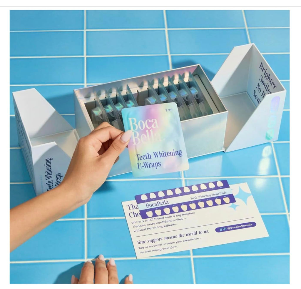 BocaBella Teeth Whitening Trays U-Wraps - 15% Hydrogen Peroxide Whitening Strips & Tray Alternative - Nano-Hydroxyapatite Enamel Safe - 10 Treatments
