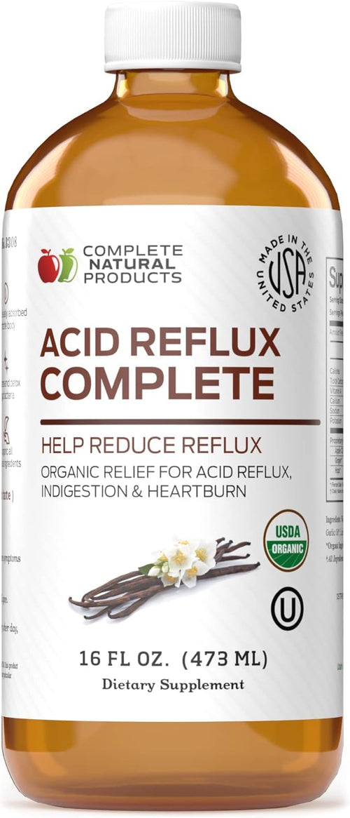 Bottle of 'Acid Reflux Complete' dietary supplement with a white label.