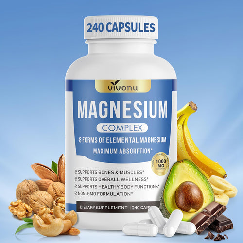 Vivonu magnesium supplement bottle with health benefits on a blue background