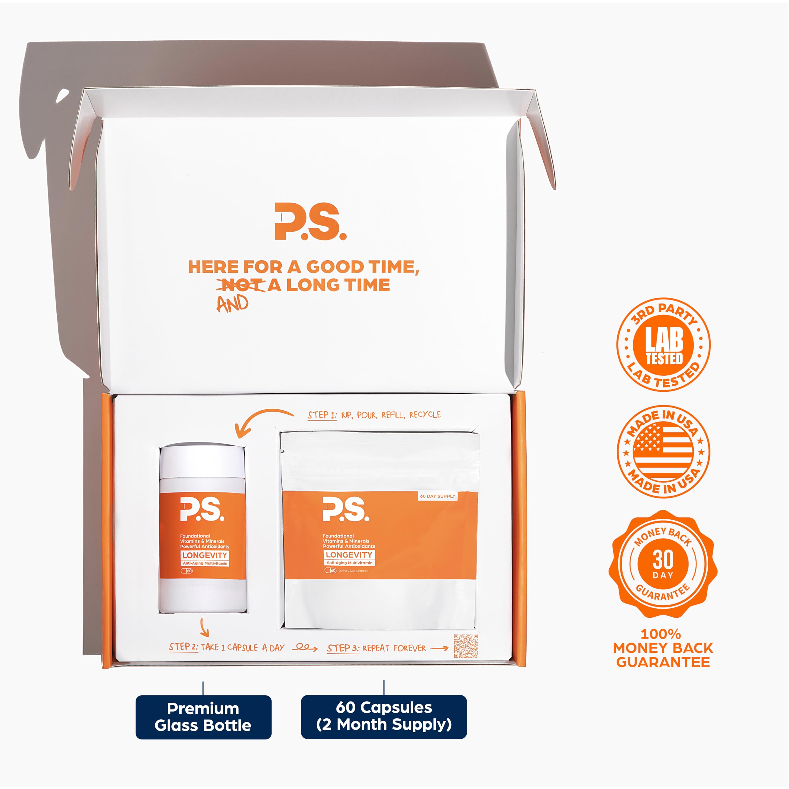 PS Longevity Supplements - Methylated Multivitamin for Men and Women with B Vitamins, Nicotinamide Riboside, CoQ10, Resveratrol, ALA - Antioxidant Defense