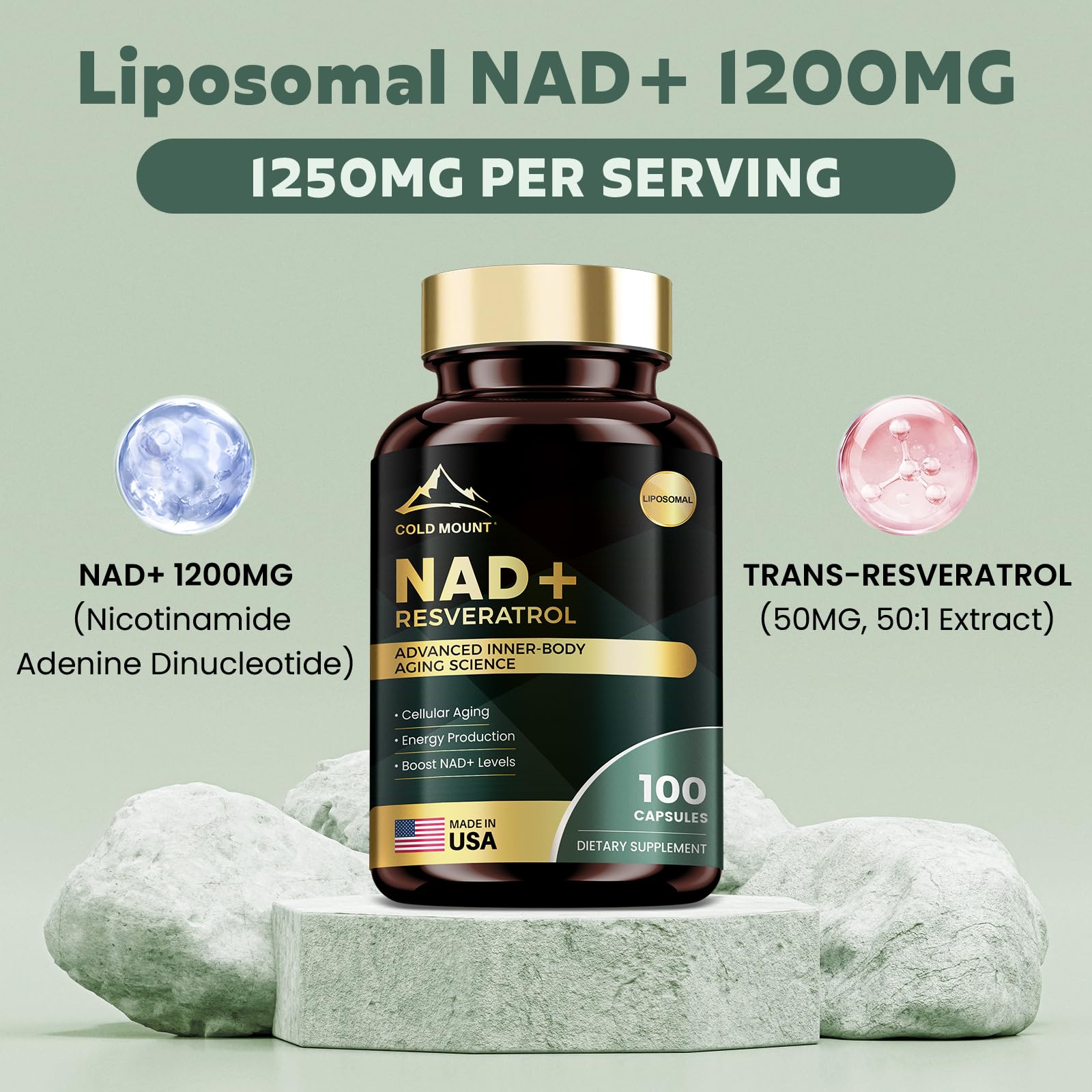 MEGNETA Liposomal NAD+ Supplement 1200mg with Trans Resveratrol - Boost NAD+ Levels, Energy & Anti-Aging Support - Vegan, 100 Capsules