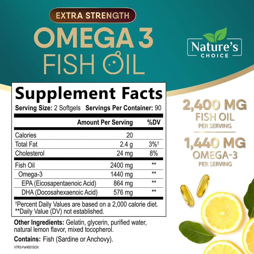 Omega 3 Fish Oil Supplements - 2400mg Fish Oil Per Serving - Triple Strength Omega-3 with Fatty Acids EPA & DHA - Natural Heart, Brain & Immune Support