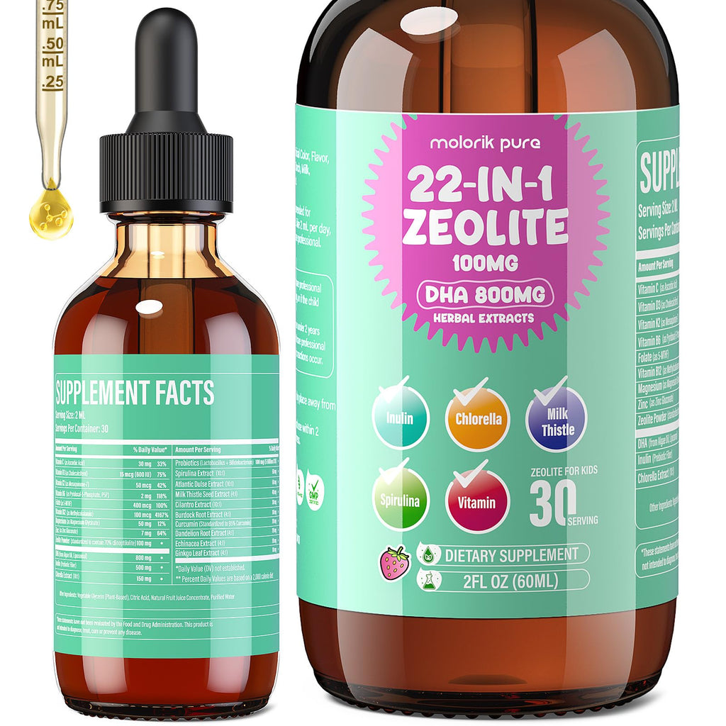 Zeolite Detox for Kids and Adults, Herbal Detox with 800mg DHA, 500mg Inulin, Probiotics & Vitamin B12, D3, C, B6, Cilantro Extract Cleanse to Support Brain,