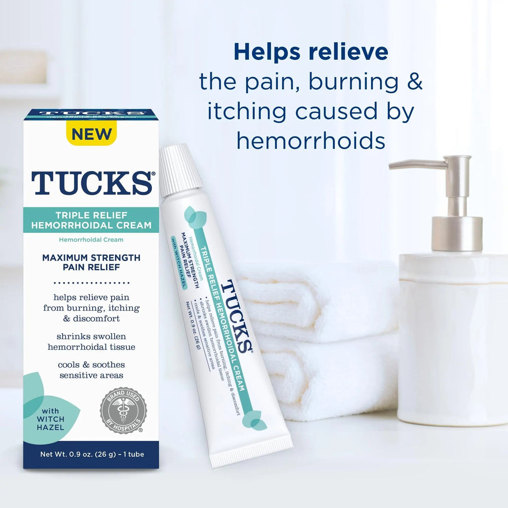 Tucks Triple Relief Hemorrhoidal Cream, Maximum Strength Pain Relief from Burning, Itching and Discomfort, with Witch Hazel, Treatment, Brand Used by Hospitals, 0.9oz. (26g) TUCKSBuy Supplements Australia