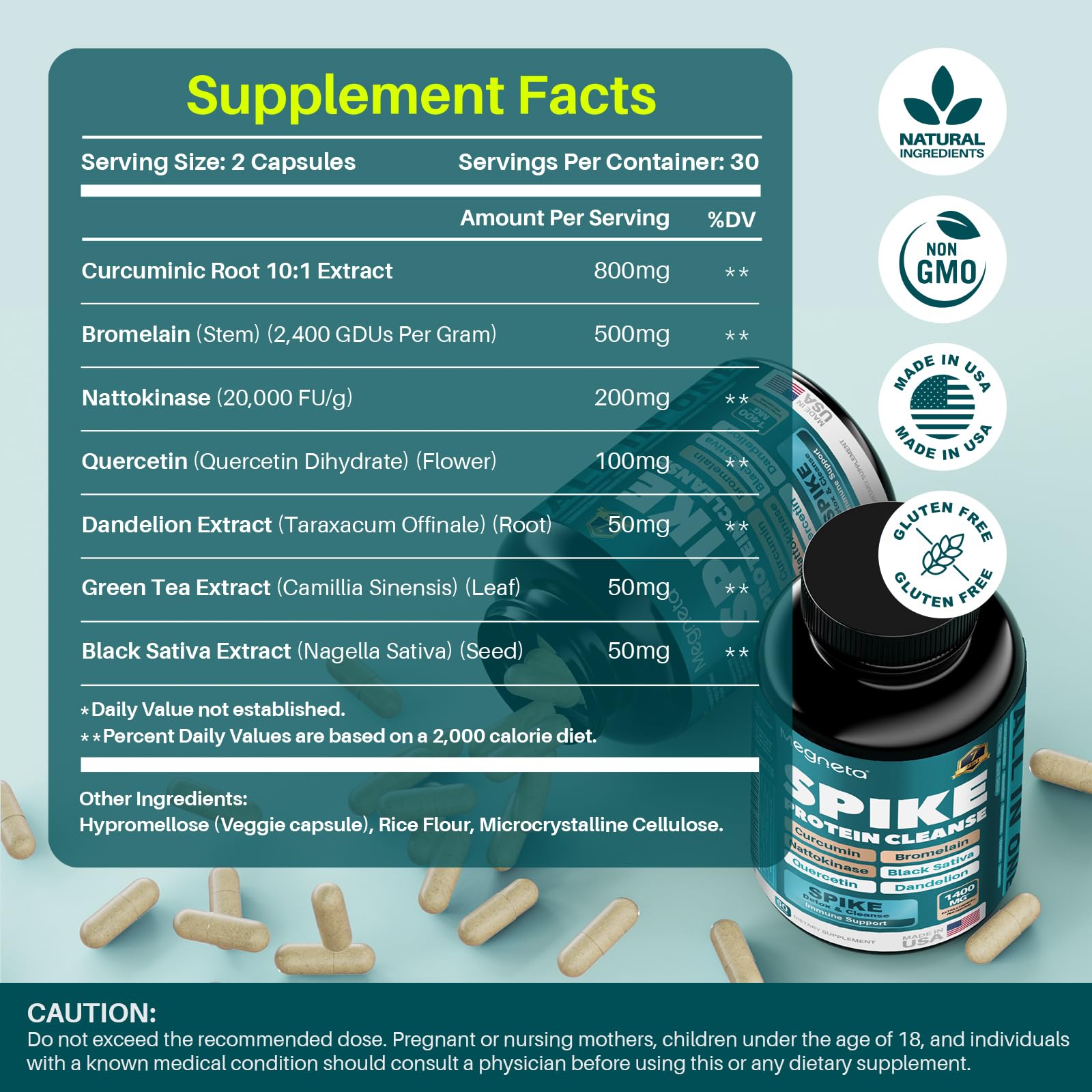 MEGNETA Spike Support - Nattokinase 20,000 FU/g, Bromelain 500mg & Curcumin 800mg – Triple-Action Enzyme Complex with Quercetin & Dandelion – Cardiovascular, Circulatory, Antioxidant & Immune Support