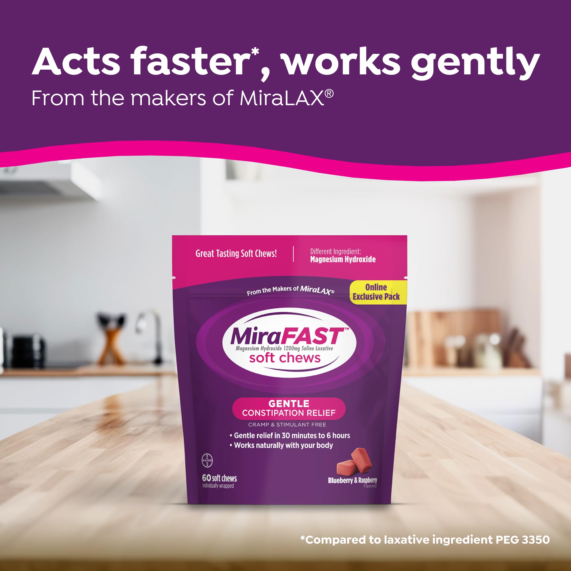 MiraFAST Soft Chews, from the Makers of MiraLAX, Gentle Constipation Relief, Fast Acting, Stimulant Free Saline Laxative, Magnesium Hydroxide, Blueberry & Raspberry Flavor, 60ct