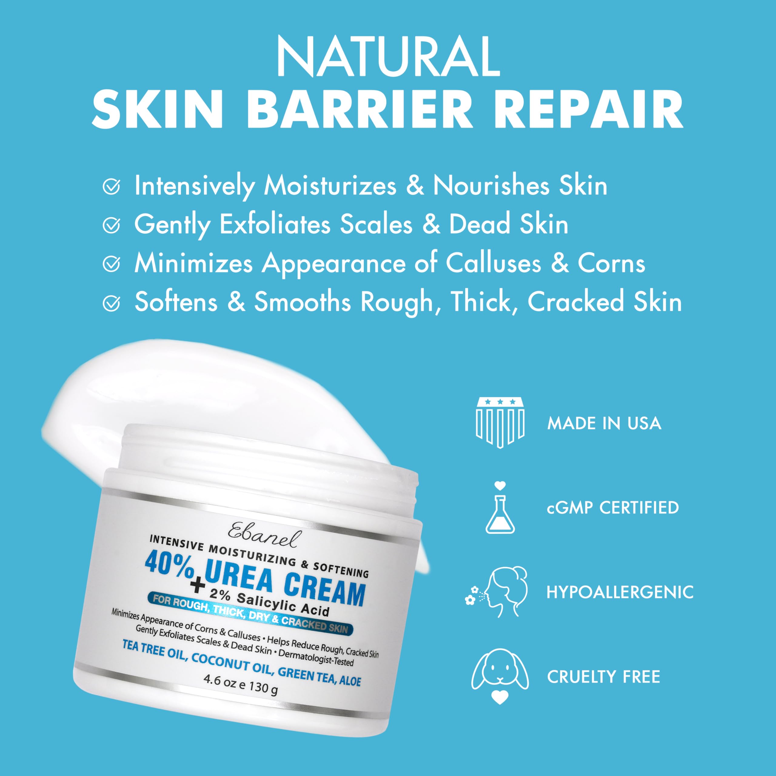 Ebanel Urea Cream 40% plus Salicylic Acid 2%, Foot Cream for Dry Cracked Heels Feet Knees Elbows Hands, Foot Dead Skin Cuticle Callus Remover Toenail Softener, Keratolytic Skin Barrier Repair, 2-Pack