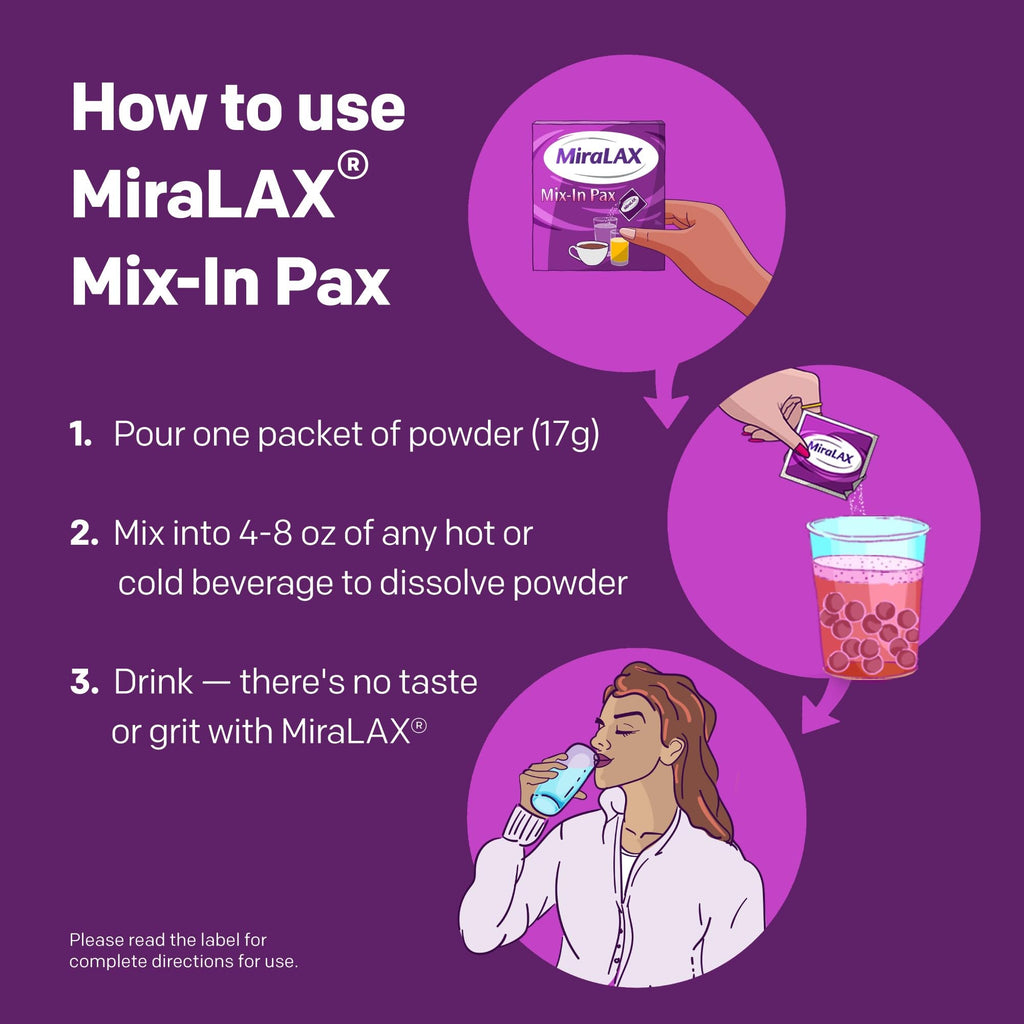 MiraLAX Laxative Powder for Gentle Constipation Relief for Adults, Stool Softener with PEG 3350, Nonstimulant Laxative, No Harsh Side Effects, Single Dose Mix-in Pax, Travel Pack, 40 Doses