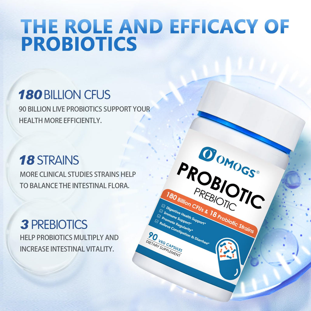OMOGS Probiotics 180 Billion CFUs 18 Strains, 3 Prebiotics, Helps Digestive, Gut Health, Immune, Supports Occasional Constipation, Diarrhea & Gas