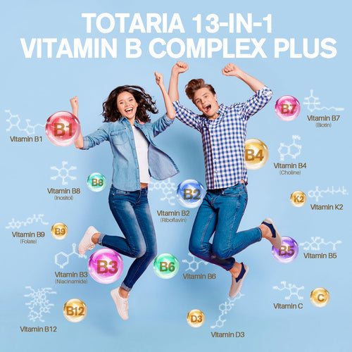 13-in-1 Vitamin B Complex Plus with Vitamin B1, B2, B3 (Niacinamide), B4, B5, B6, B7 (Biotin), B8 (Inositol), B9 (Folate), B12, C, D3, K2 - Energy, Nerve,