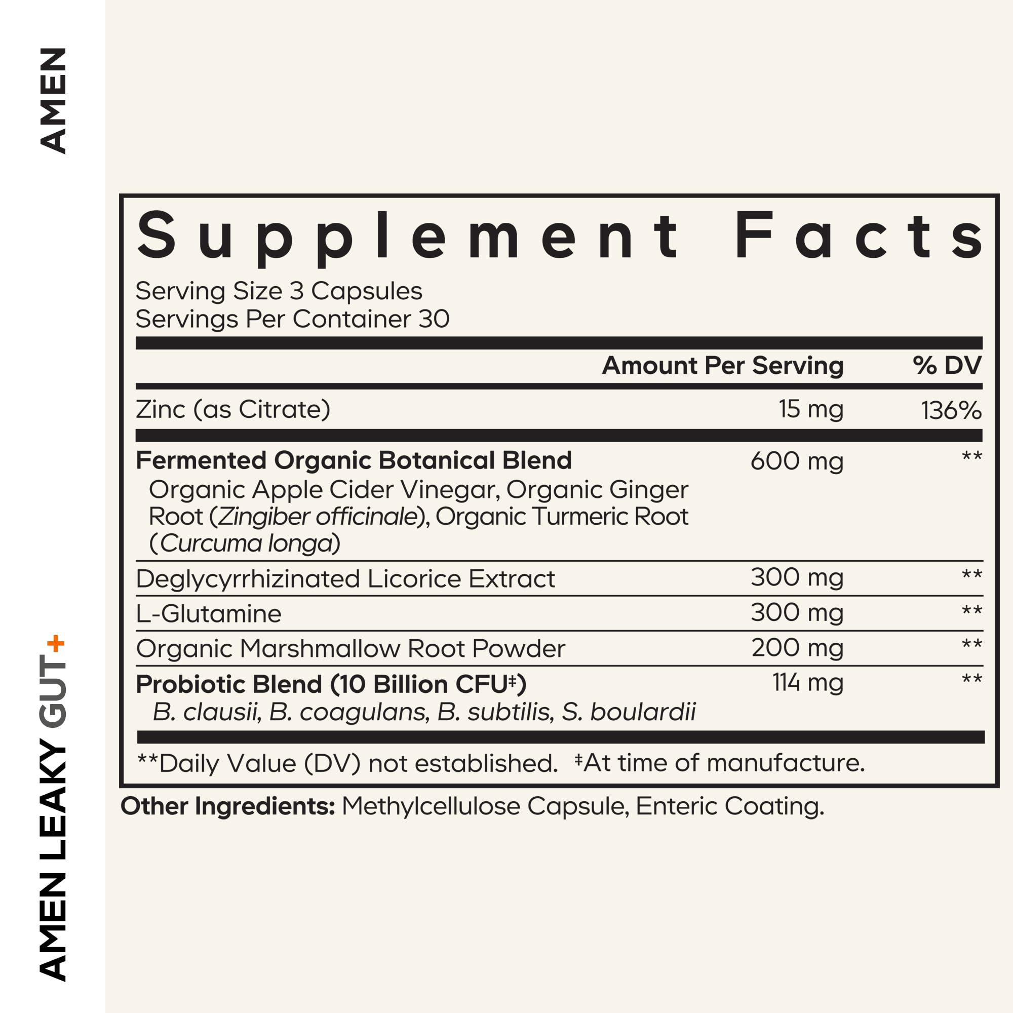 Amen Leaky Gut Supplement - Advanced Formula with Bioavailable L Glutamine, Zinc, Turmeric, DGL Licorice Root - Marshmallow Root - Probiotics & Fermented Prebiotics