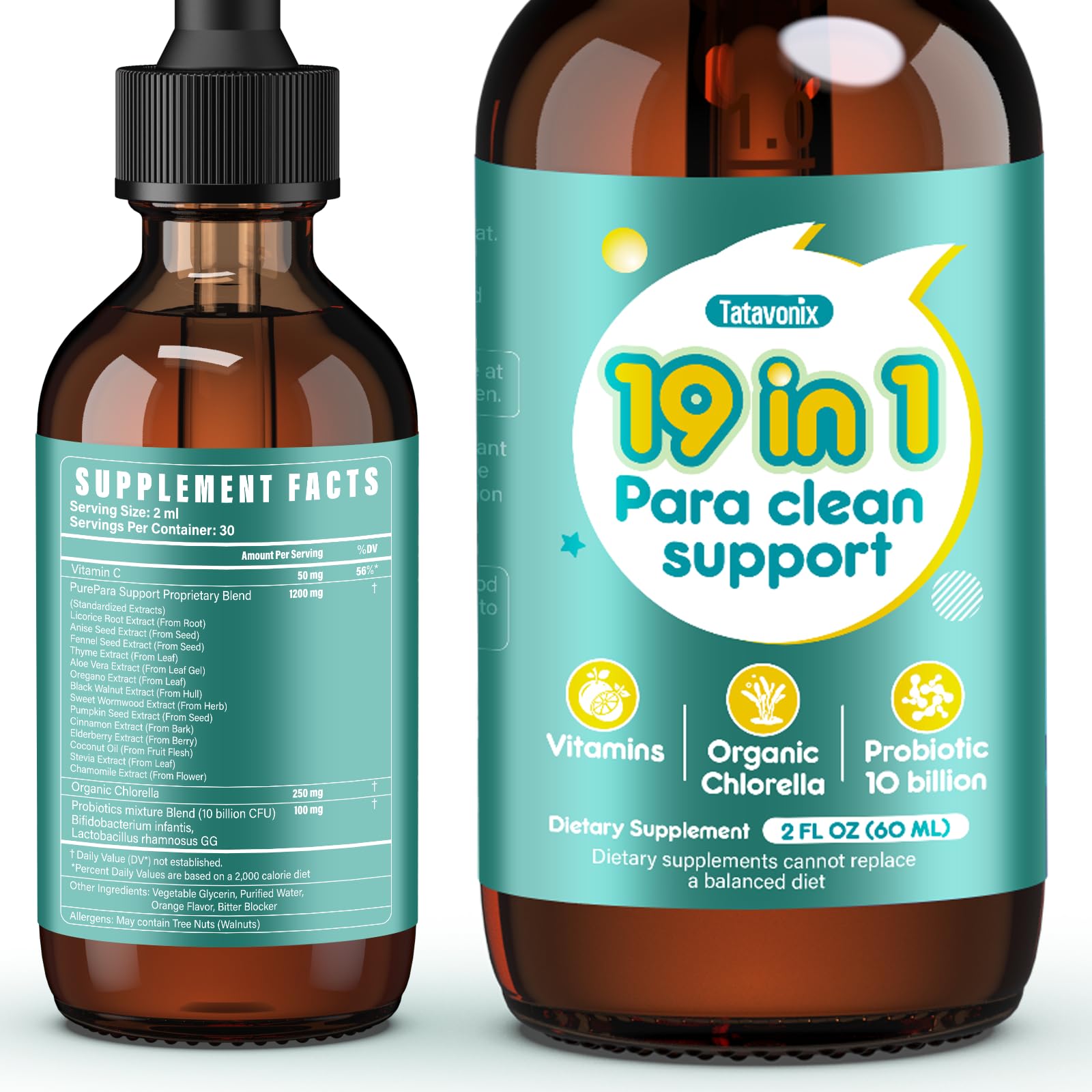 Tatavonix 19 in 1 Herbal Gut Cleanse Drops – Wormwood, Black Walnut, Chlorella 250mg, 10B Probiotics, Clove & Oregano