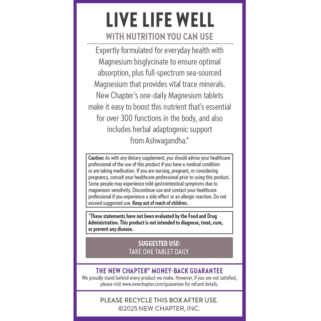 New Chapter Magnesium + Ashwagandha Supplement, 325 mg with Magnesium Glycinate for Muscle Relaxation & Recovery, Heart, Nerve & Bone Health, 2.5X Absorption, Non-GMO - 30 ct (1 Month Supply) New ChapterBuy Supplements Australia