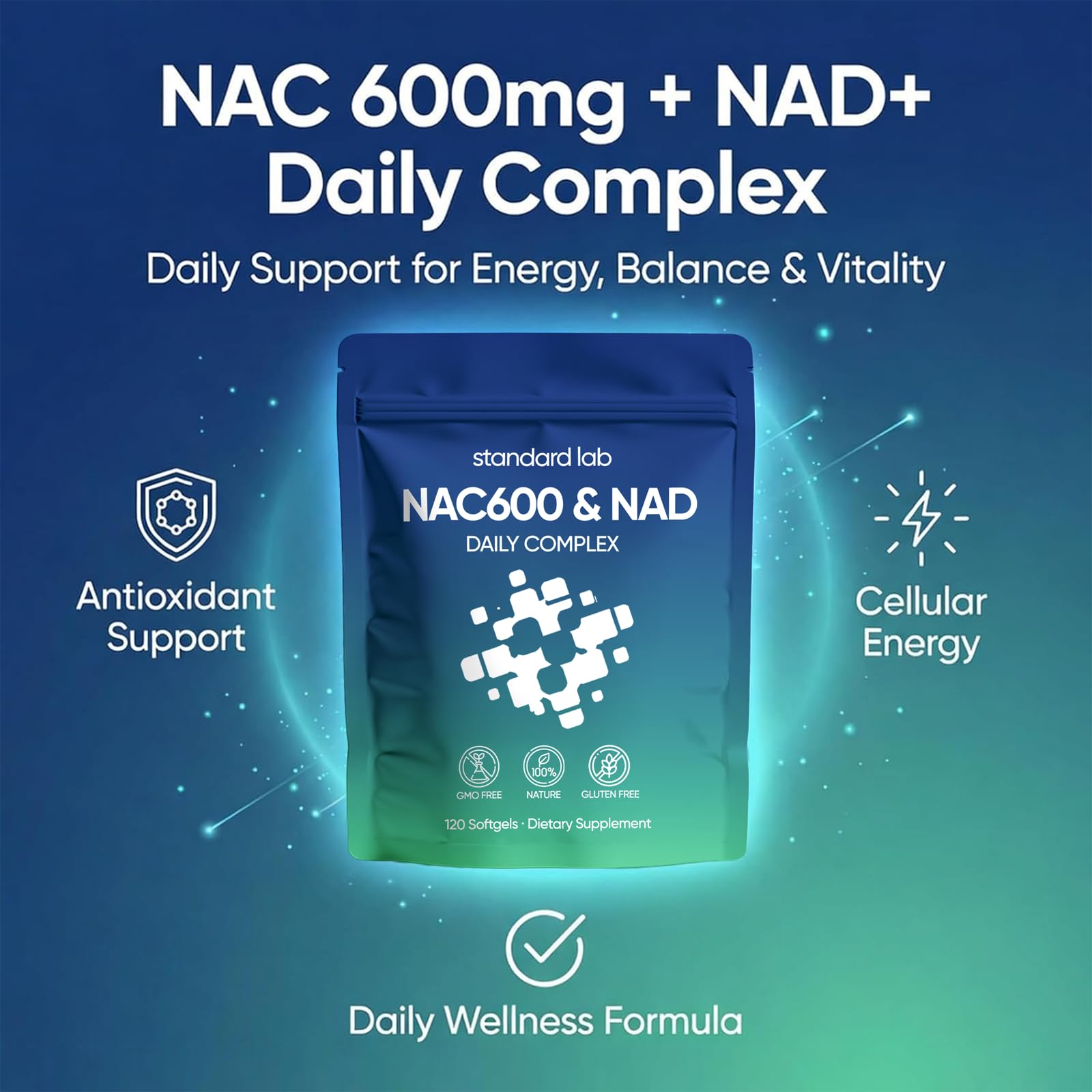 AMOQUCT Standard Lab NAC 600mg & NAD+ Daily Complex Capsules, NAC Supplement with NAD for Antioxidant, Cellular Energy and Immune Support, Daily Wellness Formula