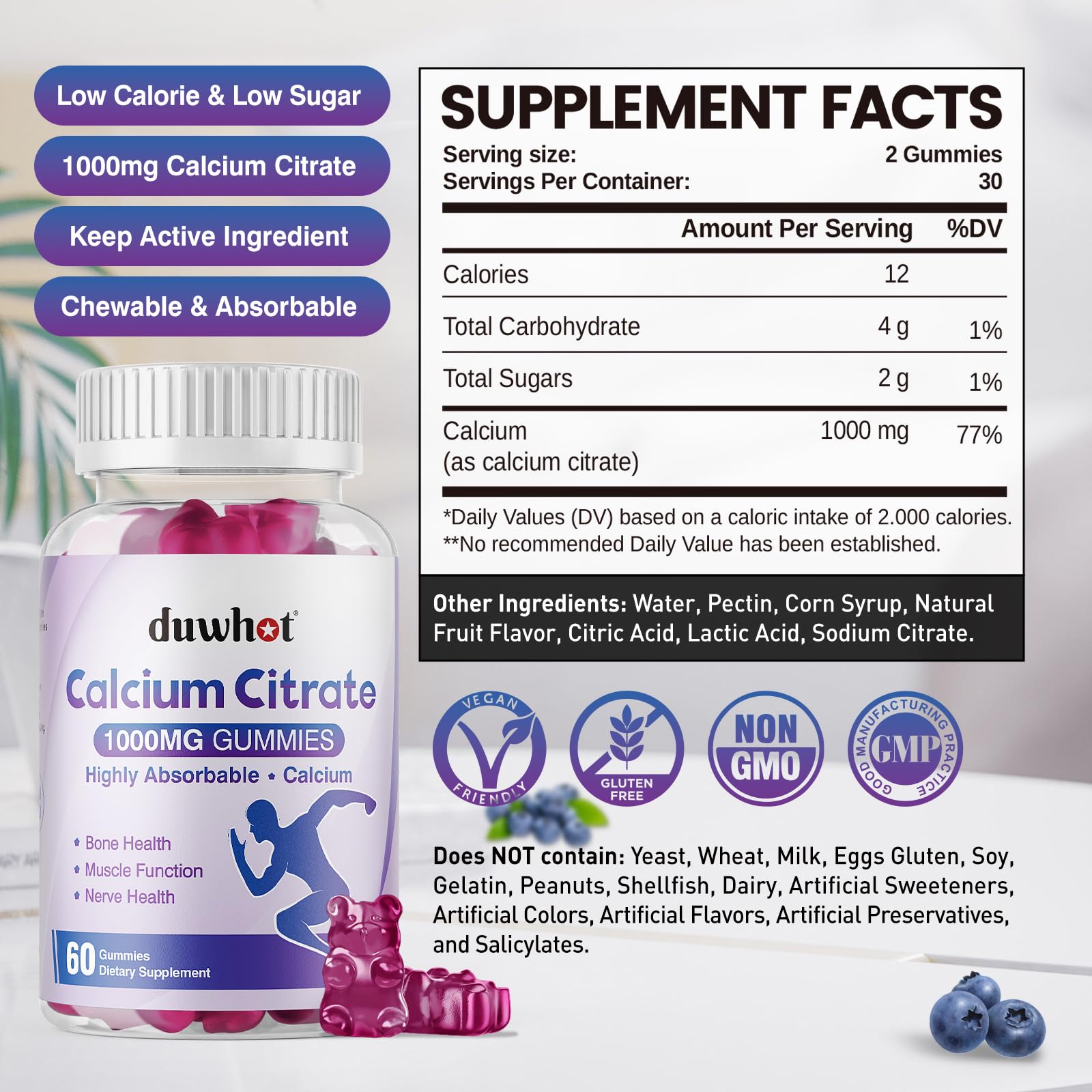 duwhot Calcium Citrate Gummies, Chewable Calcium Citrate 1000mg For Bone, Muscle & Immune Support, High Absorption Calcium Supplements for Women & Men