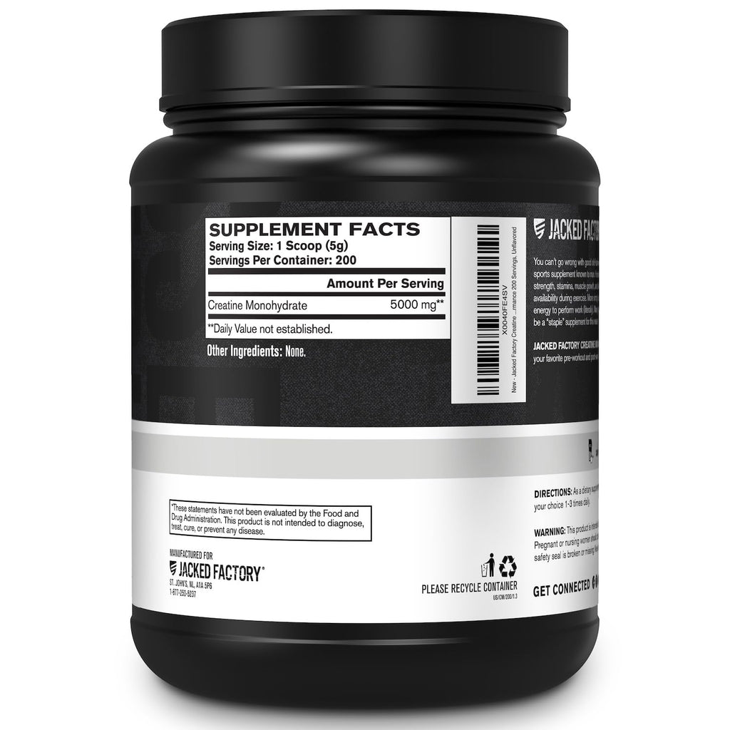 Jacked Factory Creatine Monohydrate Powder 1000g - 5g Daily Creatine Supplement for Men and Women, Vegan-Friendly,