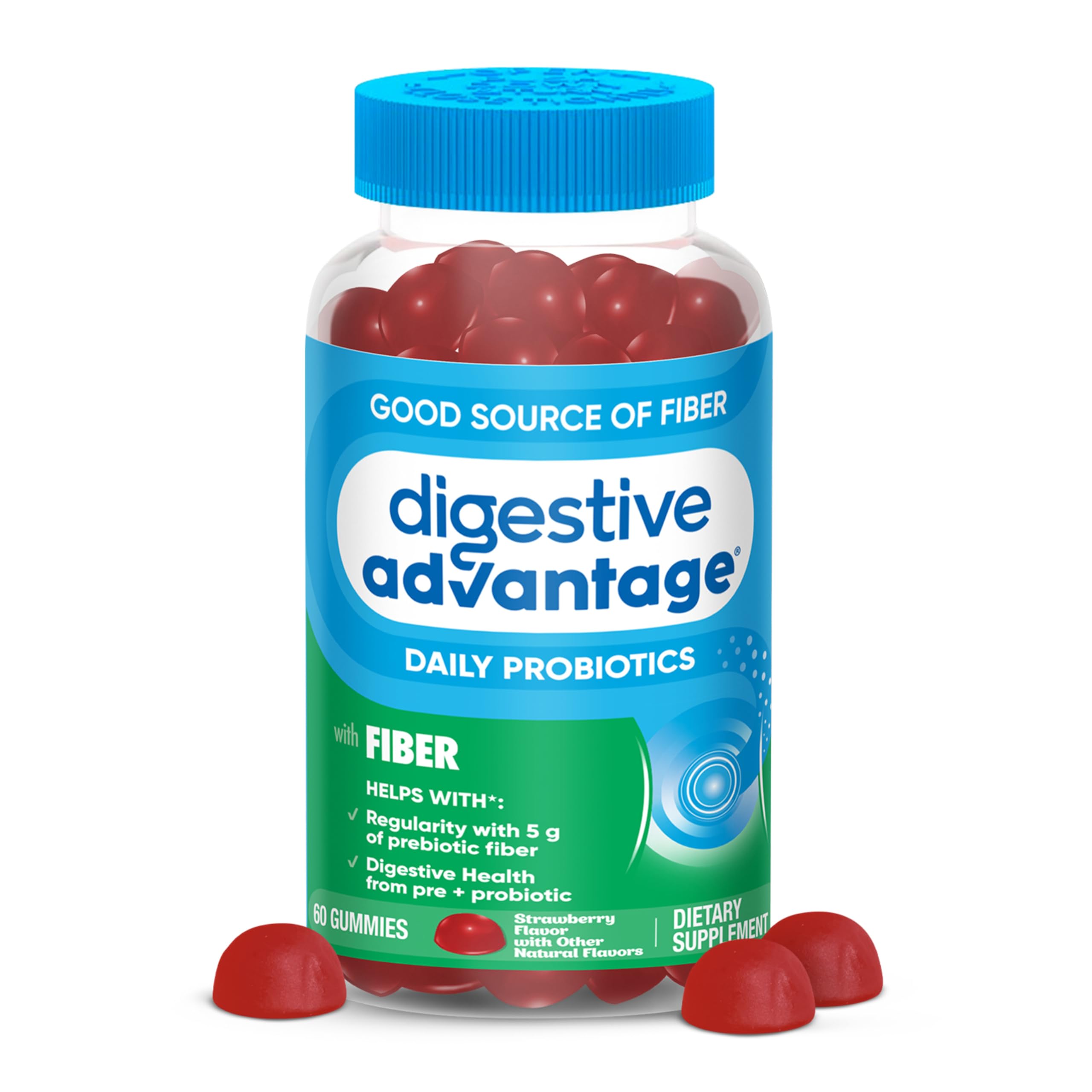 Digestive Advantage Prebiotic Fiber Gummies + Probiotics for Digestive Health, Daily Gummies for Women & Men, Digestive Supplement for Regularity & Gut Health, 60ct Strawberry Flavor