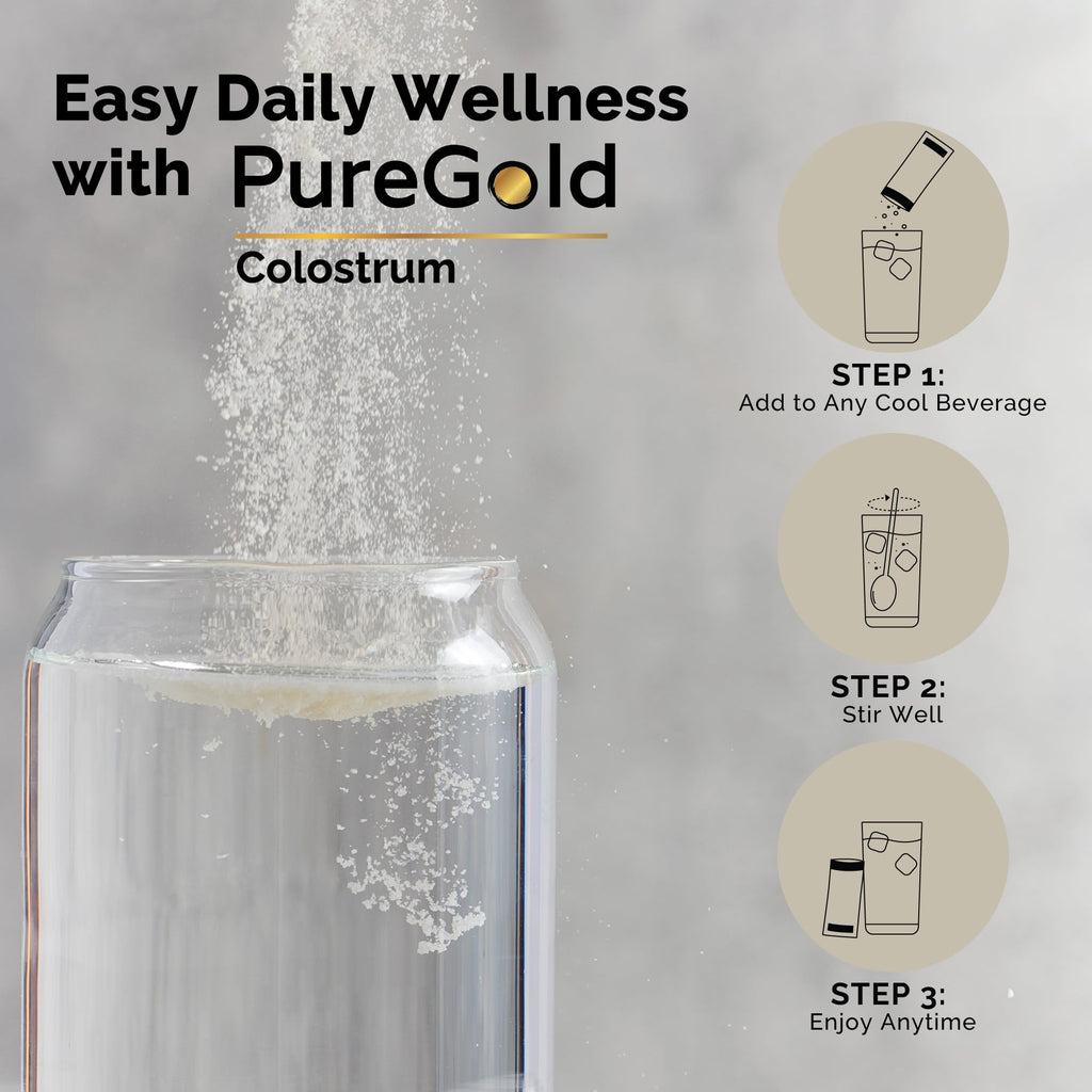 PureGold - Bovine Colostrum Powder - 100% Pure New Zealand Grass Fed, Supports Gut Health, Skin, Hair, & Immunity