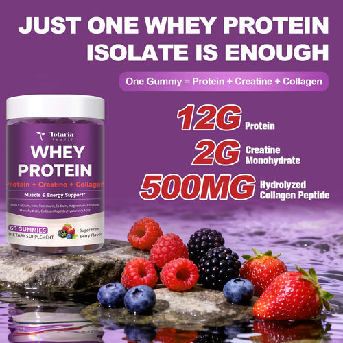 3 in 1 Whey Protein Gummies | Creatine Monohydrate | Collagen, 0 Sugar, Pure Protein Source, Muscle & Energy Support, Berry Flavor, for Women and Men