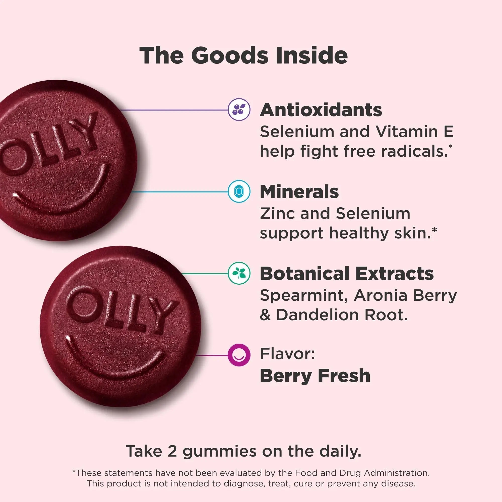 OLLY Flawless Complexion Gummy, Clear and Healthy Skin Support, Vitamins E, A, Zinc, Chewable Supplement, Berry - 50 Count (Pack of 1) OLLY