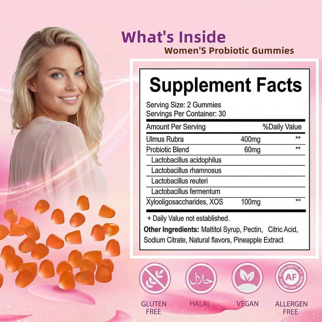 QZQHUA Women's Probiotics Gummies with Slippery Elm – Vaginal Health, Gut Health & pH Balance Support, Pineapple Flavor – Gluten Free, Vegan (30 Servings)（Q2）