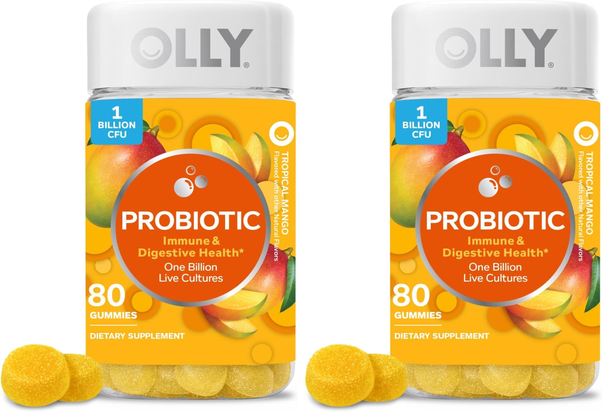OLLY Probiotic Gummy,1 Billion CFUs,Immune and Digestive Support,Chewable Probiotic Supplement,Mango,80 Count (Pack of 2)