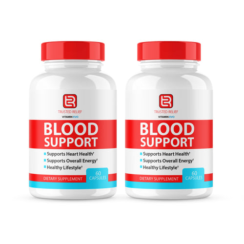 Two bottles of 'Blood Support' dietary supplements with red and white labels on a white background.