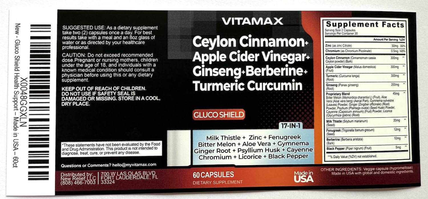 Ceylon Cinnamon, Apple Cider Vinegar, Turmeric - Gluco Health Support - Panax Ginseng, Berberine, Bitter Melon Milk Thistle Fenugreek -