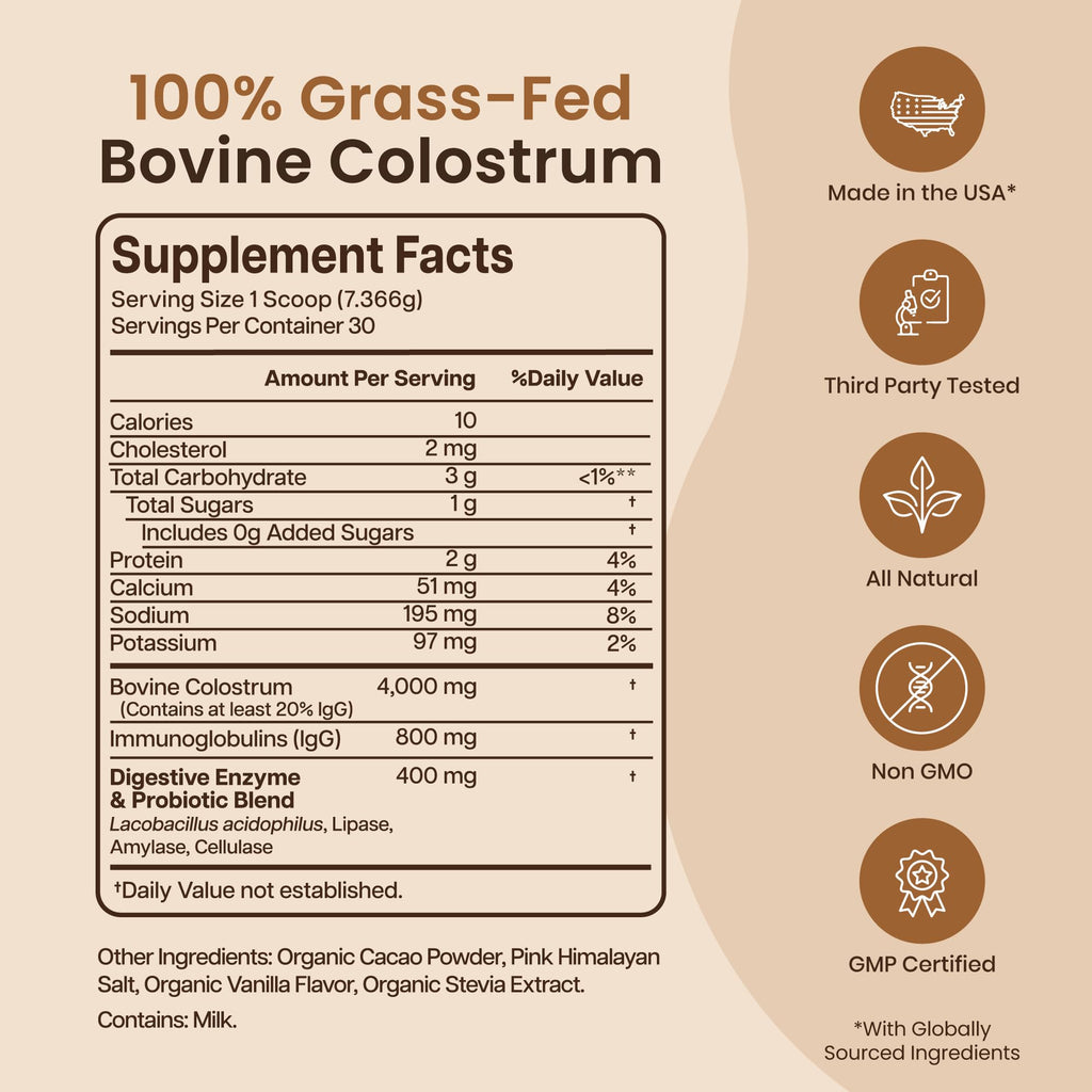 Baese Nutrition Organic Chocolate 4000mg Grass Fed Bovine Colostrum Powder + Probiotics Colostrum Supplement for Kids