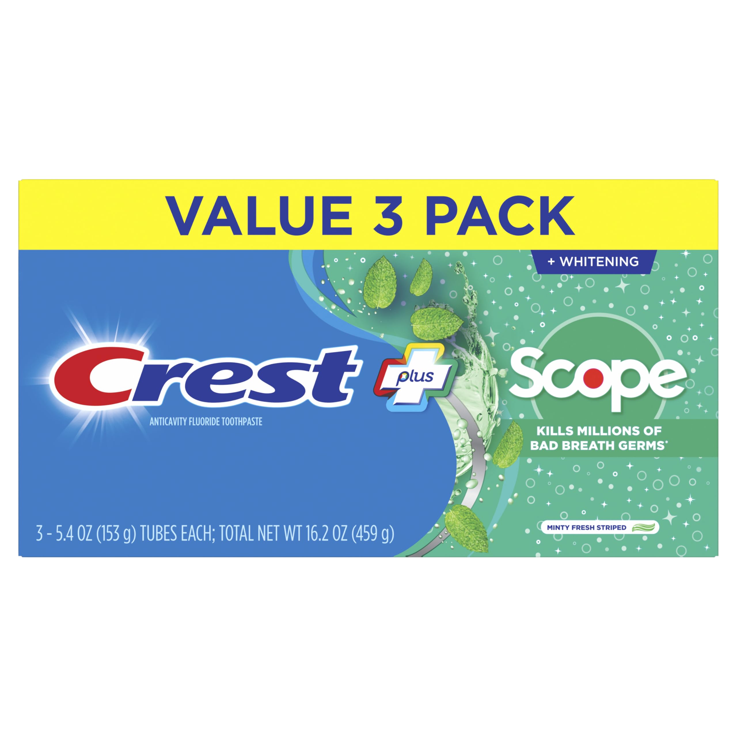 Crest + Scope Whitening Toothpaste - Pack of 3, 5.4 Oz Tubes - Anticavity Fluoride Toothpaste, Fresh Breath, Kills Germs - Tartar Protection,