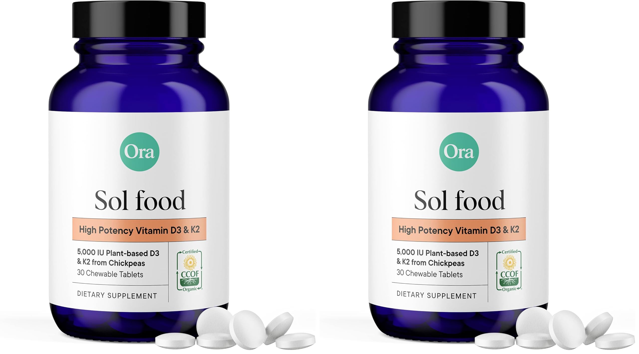 Ora Organic Vitamin D3 5000IU + K2 - Vegan Vitamin D from Lichen and K2 from Chickpeas for Bone Health, Immune Support, & Mood, Maximum Absorption - 1 Month Supply, 30 Chewable Tablets (Pack of 2)