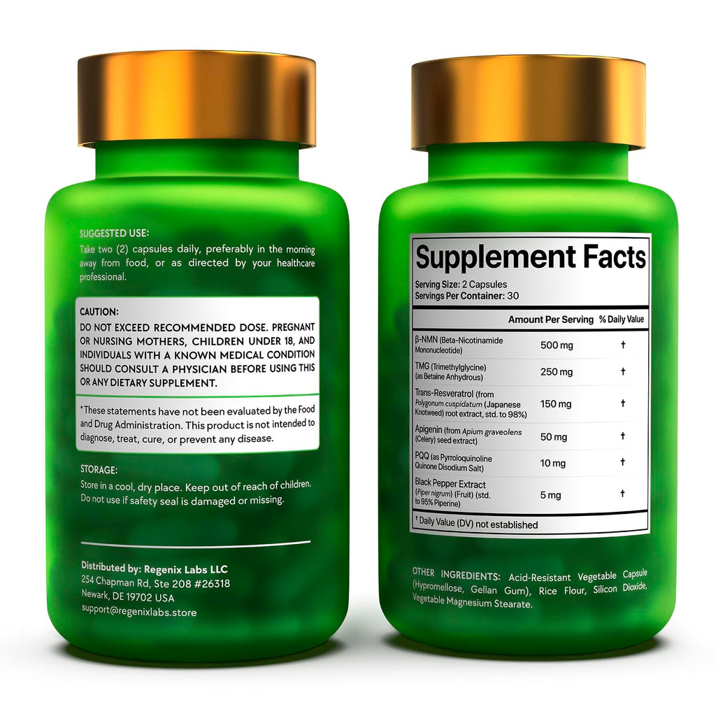 NMN Supplement 500mg - NAD Supplement with Resveratrol, TMG, Apigenin, PQQ, and Black Pepper Extract - 6-in-1 Acid-Resistant Vegan Pills Complex