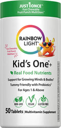 Rainbow Light Kids One + Multivitamin | 50 Chewable Tablets | with Iron & Tummy Friendly Probiotics | Fruit Punch Flavor | Real Food Nutrients Rainbow Light